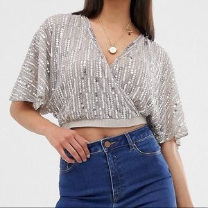 Silver sequined angel sleeve crop top